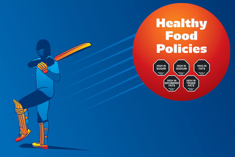 cricketer dressed in blue hitting healthy food policies ball for six